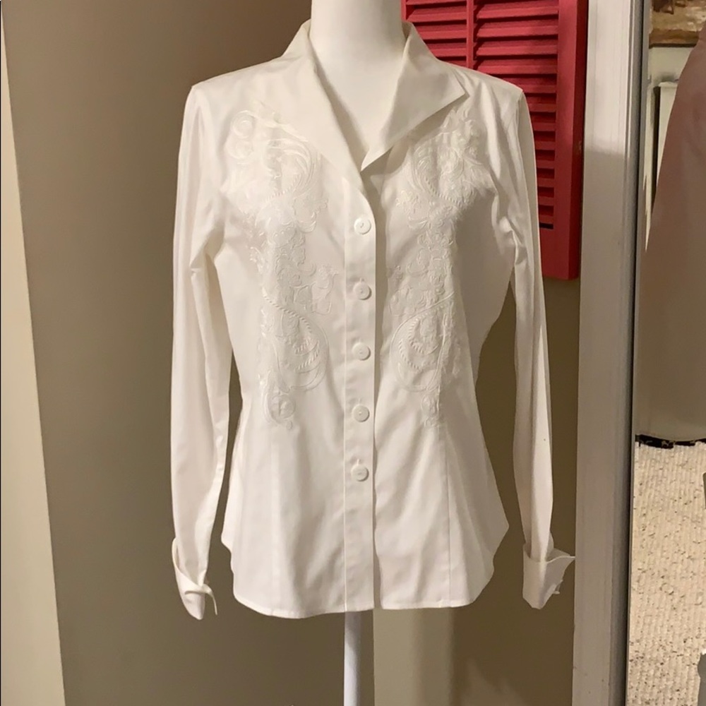 White fitted long sleeve shirt my Coldwater Creek.